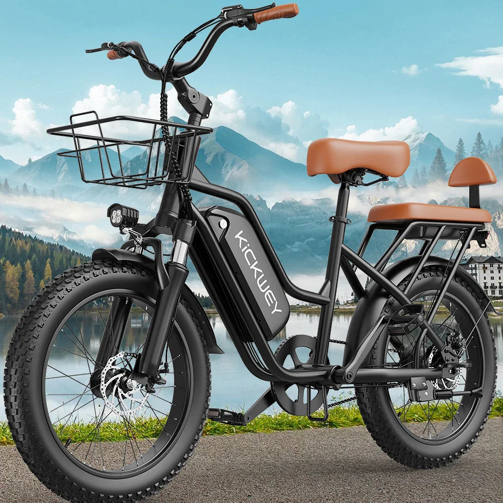 Black fat tire electric bike with front basket and rear passenger seat against a scenic landscape background