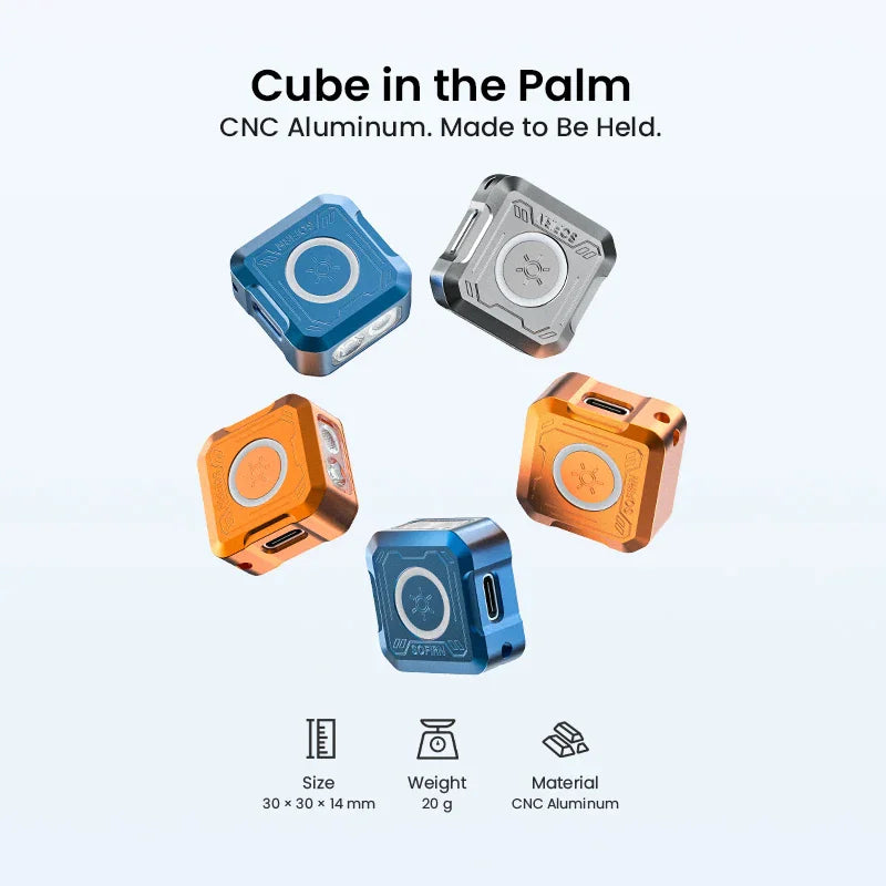 Set of five small square flashlights displaying dimensions and weight specifications