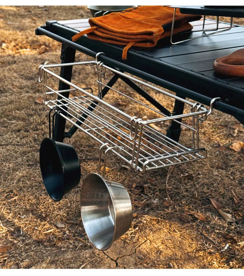 Camping table side hanging metal basket with cups