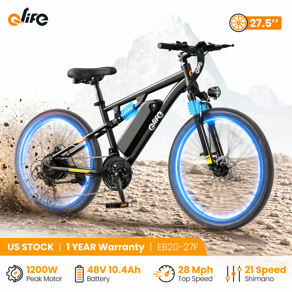 Black electric mountain bike with full suspension on a dirt trail background