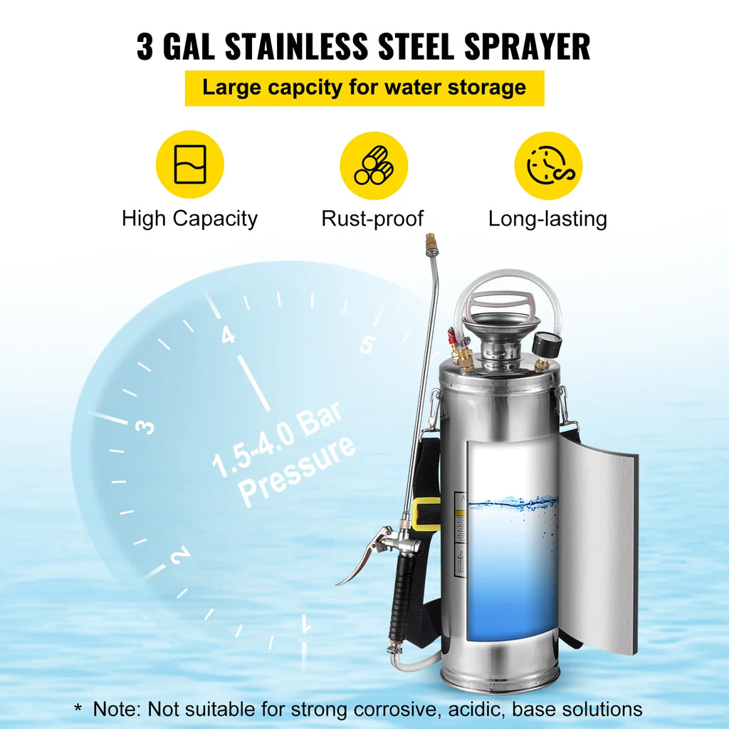 Stainless steel pressure sprayer with water capacity diagram