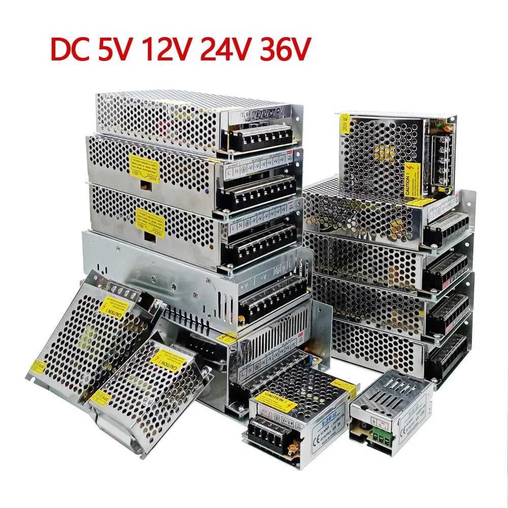 A collection of various metal-cased voltage power supply units for LED lighting