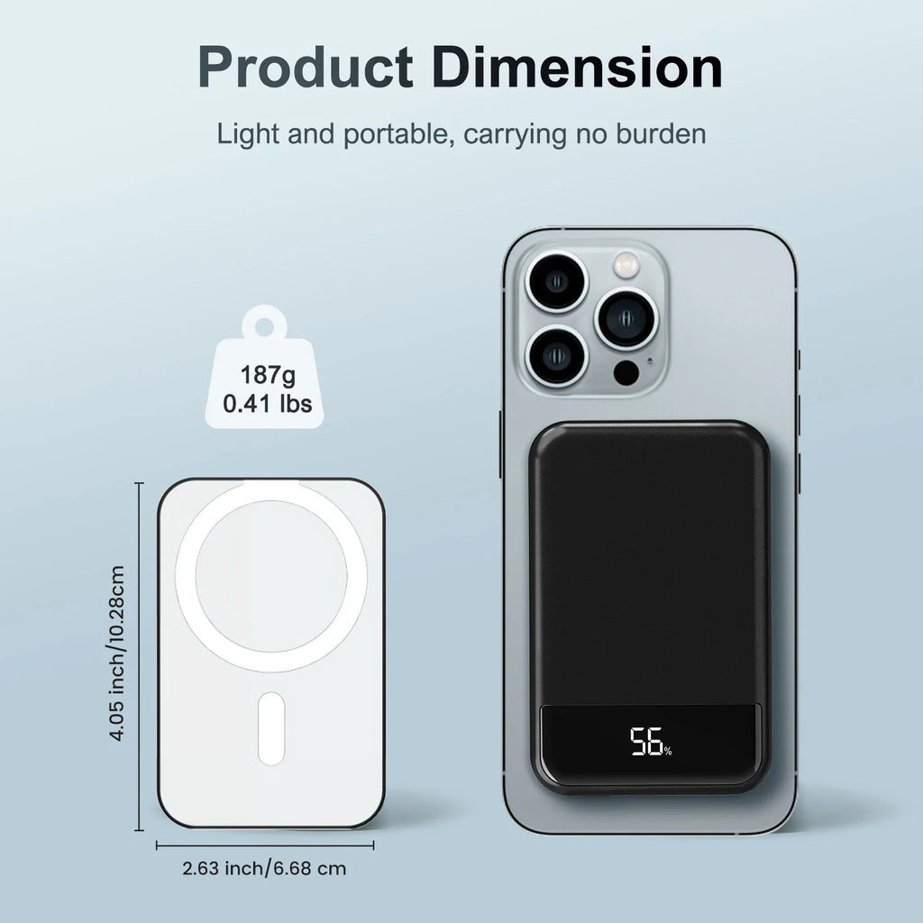 Magnetic wireless power bank charger with dimension measurements and weight displayed