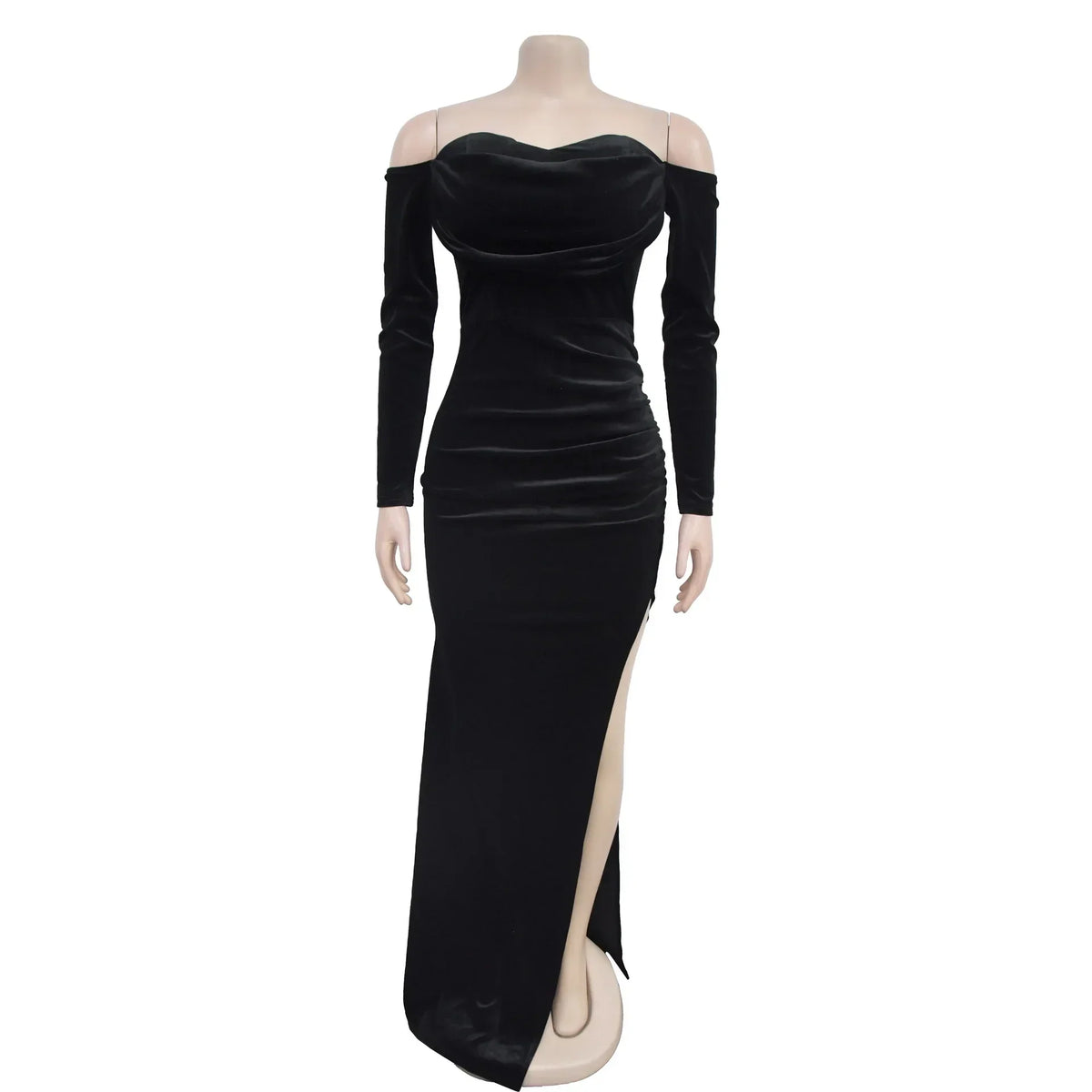 Front view of black velvet off-shoulder long evening dress on mannequin