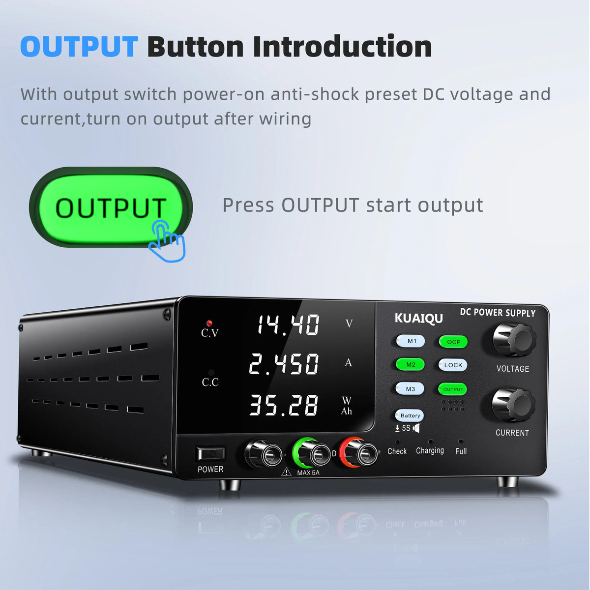 60V 20A DC power supply with output button highlighted