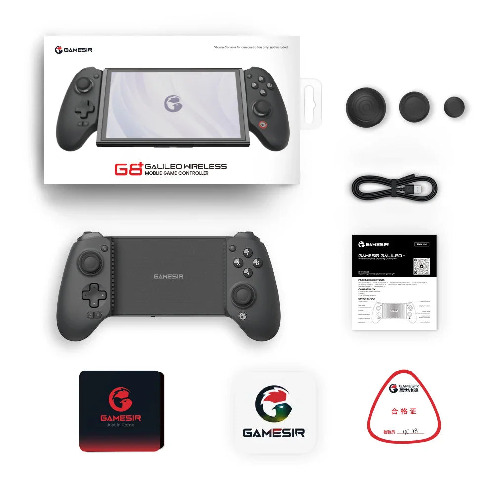 Mobile game controller box contents including charging cable, manual, and controller accessories