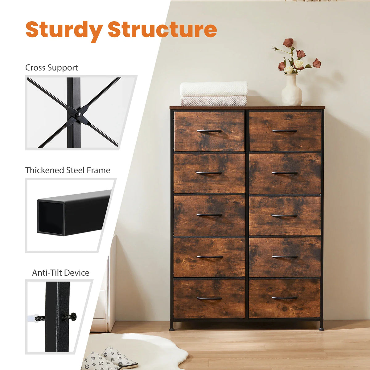 Diagram showing the sturdy steel structure and anti-tilt features of a 10-drawer rustic wood storage cabinet.