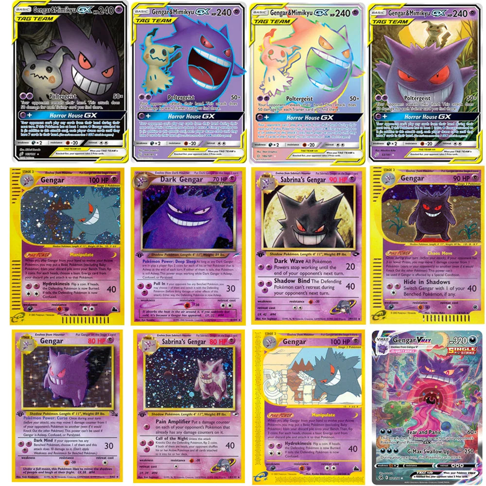 Collection of various Gengar holographic trading cards