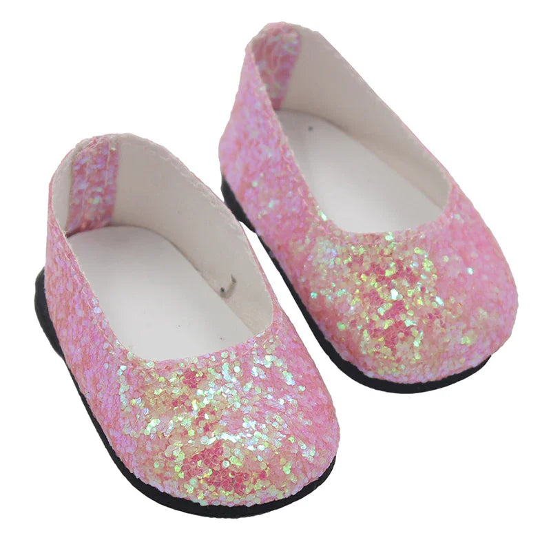 Sparkly light pink slip-on shoes for dolls