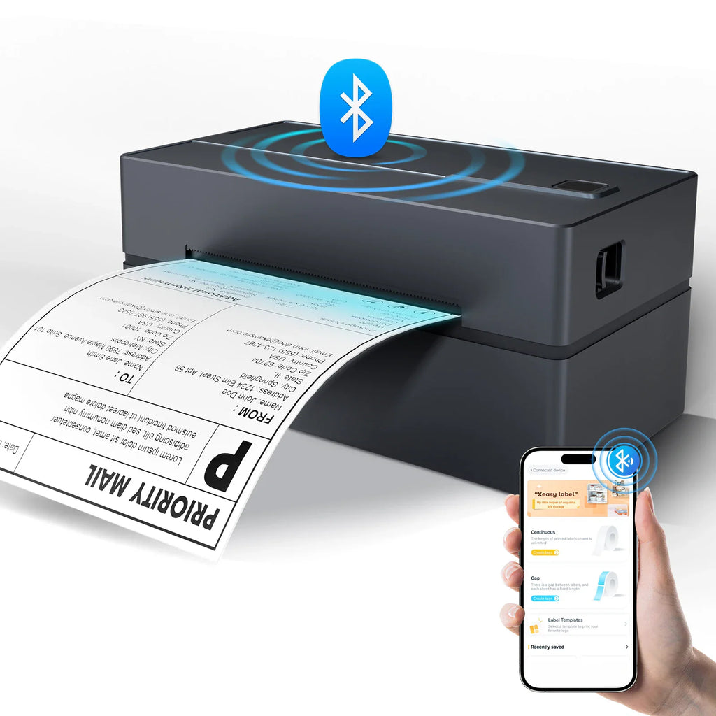 A thermal label printer with a Bluetooth icon showing a phone app connection