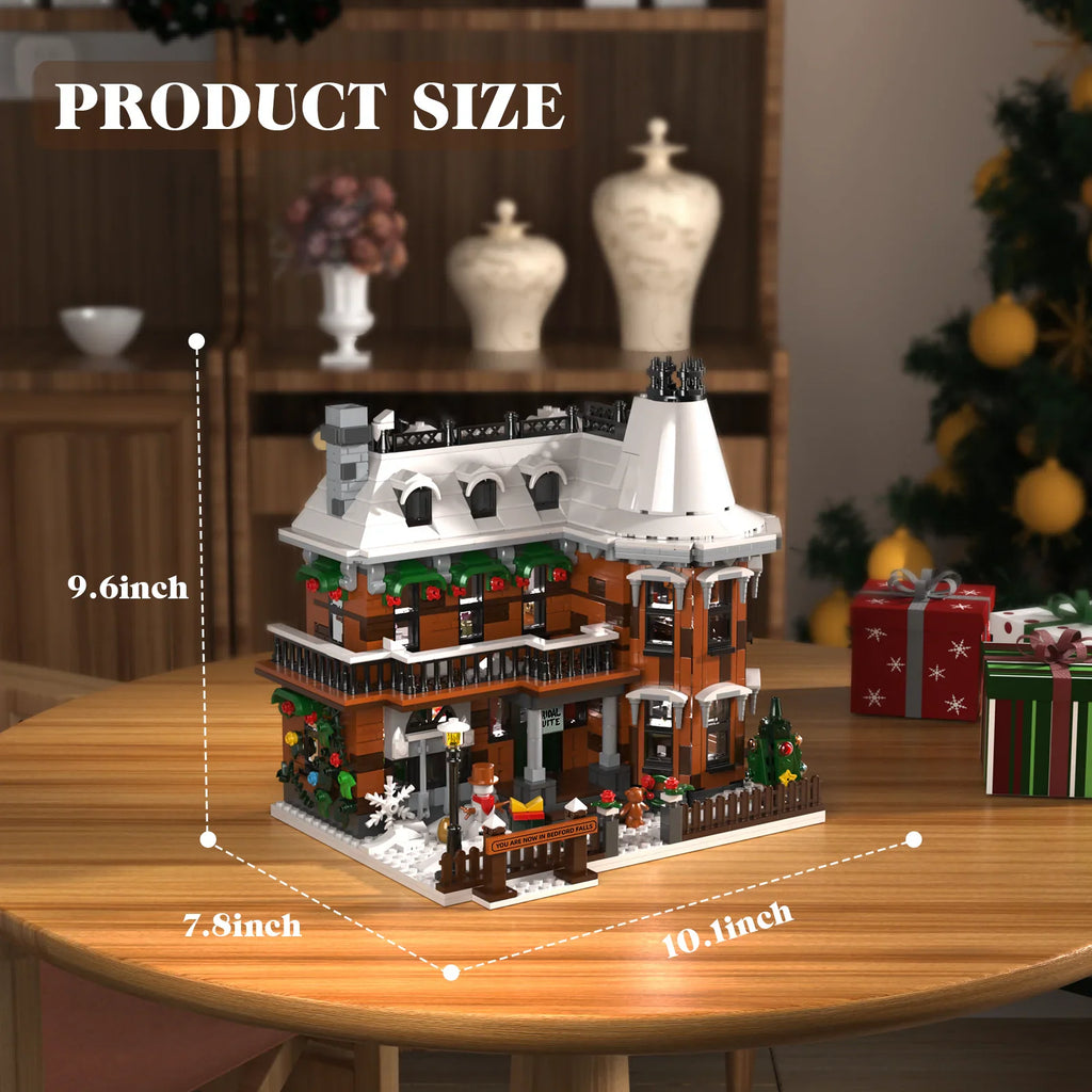Christmas house building block model with dimensions labeled