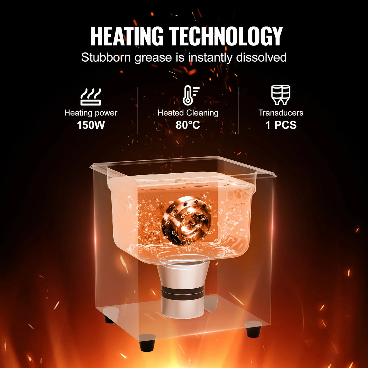 Diagram showing the heating technology and internal components of the ultrasonic cleaner.