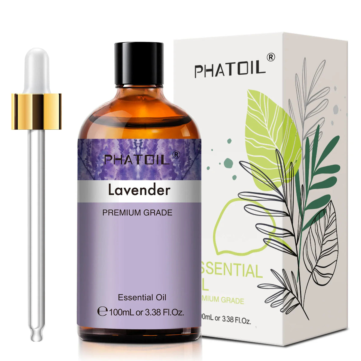 A bottle of lavender essential oil with its packaging box and a glass dropper.