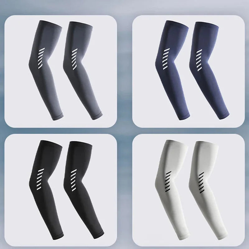 Four pairs of arm sleeves in grey, blue, black, and white