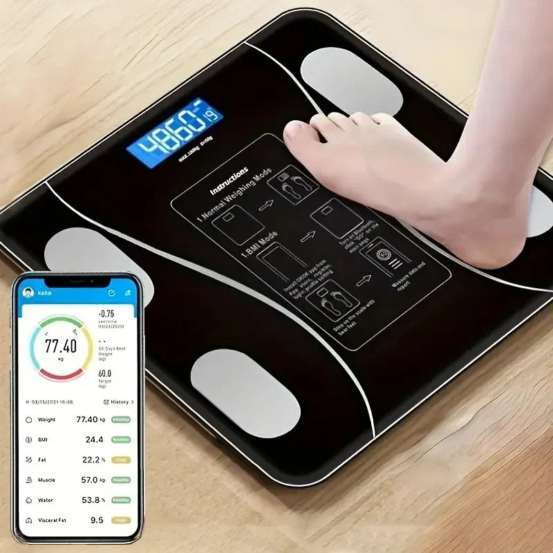 Person standing on a black smart bathroom scale with a smartphone displaying health metrics