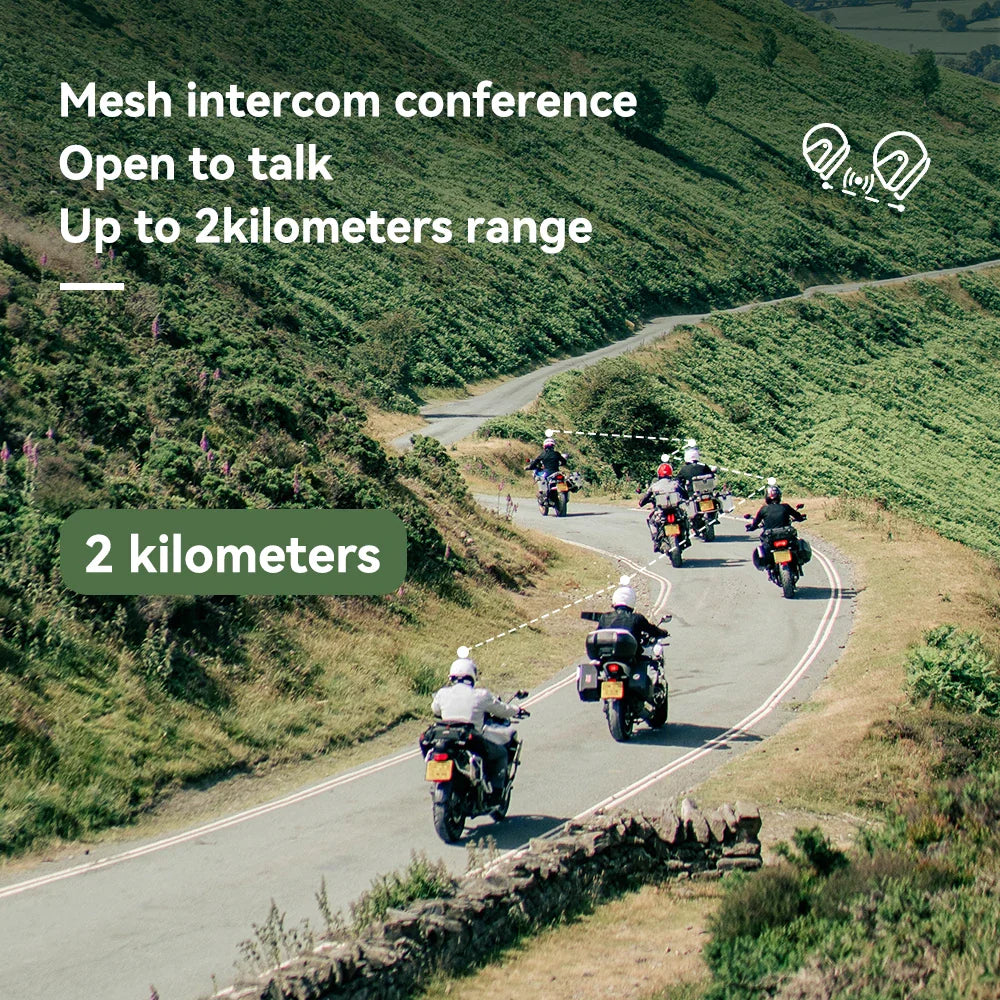 Group of motorcyclists riding on a winding road demonstrating long range intercom connectivity