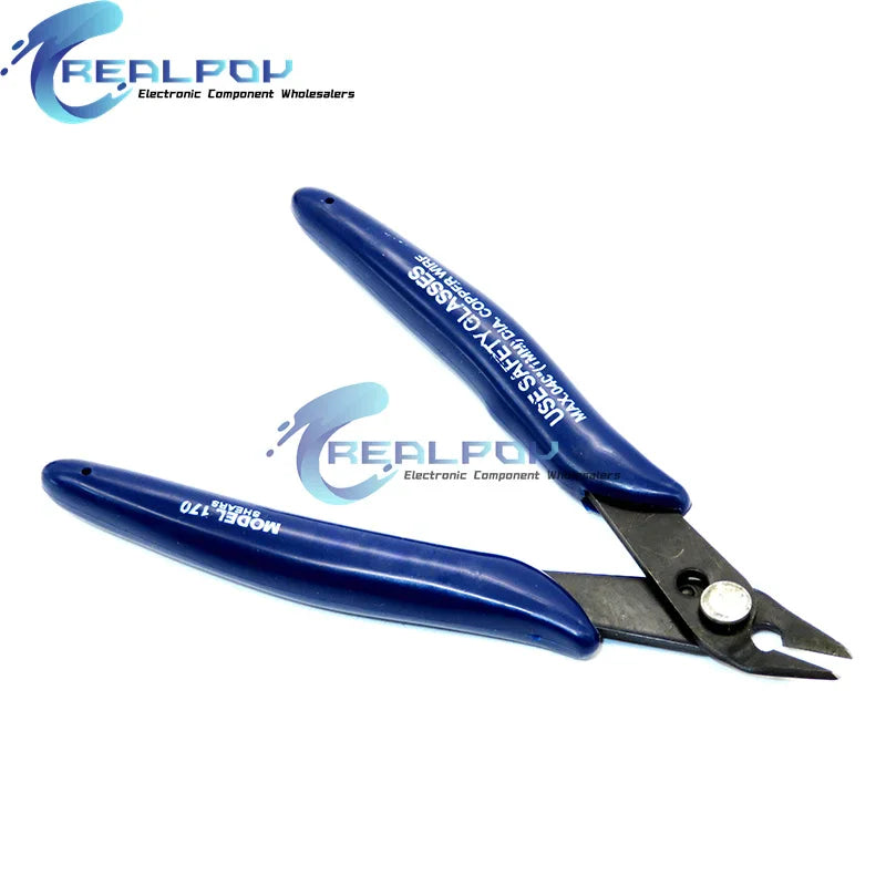 Blue handled diagonal cutting pliers viewed from the opposite side