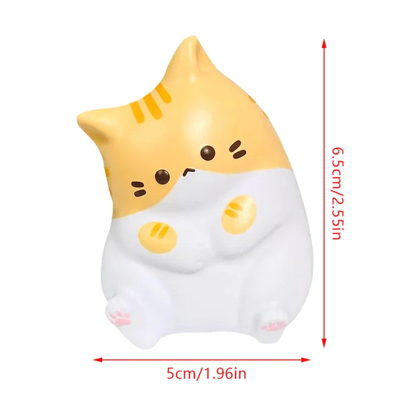 A yellow and white cartoon cat-shaped stress relief toy with size labels.