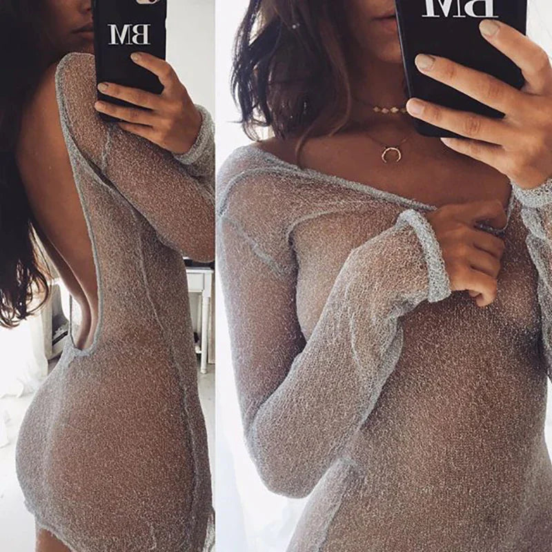 Silver metallic sheer long-sleeved mesh cover-up top