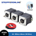 Three Nema 17 stepper motors with black bodies, silver fronts, and a red wiring harness with connector