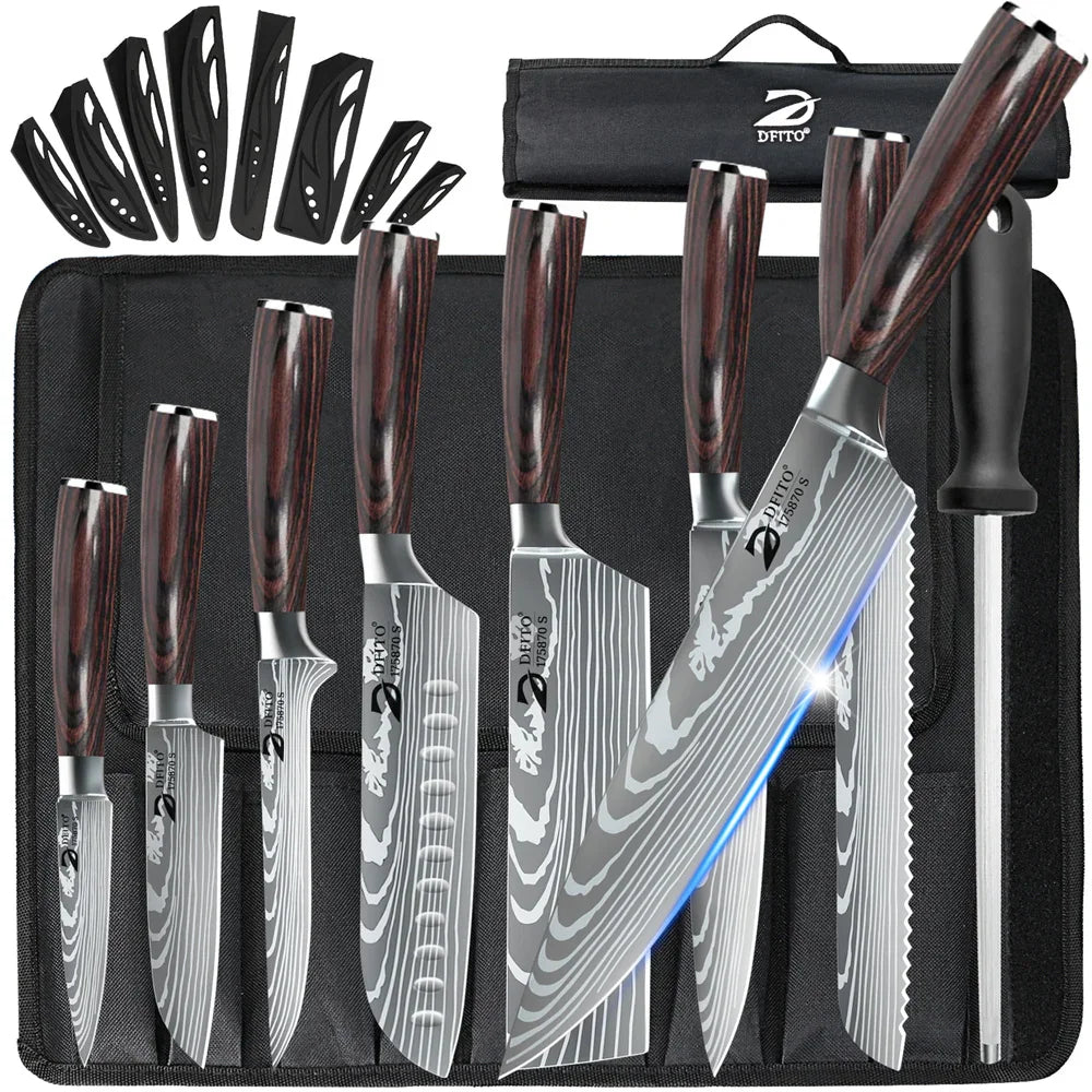 Damascus steel kitchen knife set with wooden handles, individual blade covers, sharpening rod, and a black storage roll.
