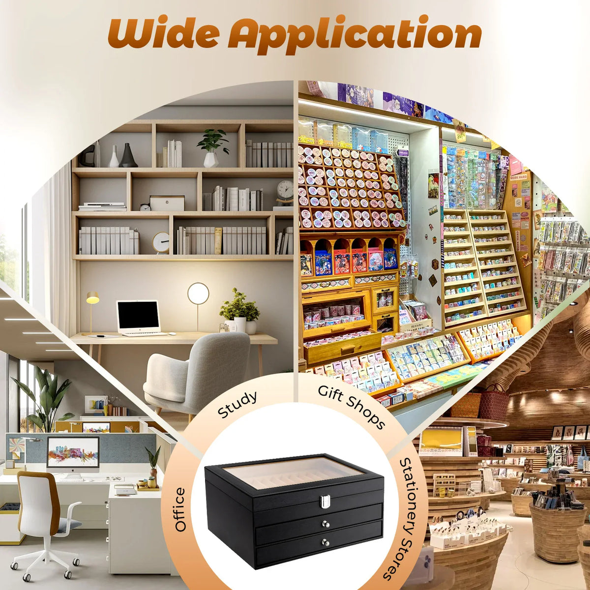 Collage showing various uses for a 36-slot pen display case in offices and shops.