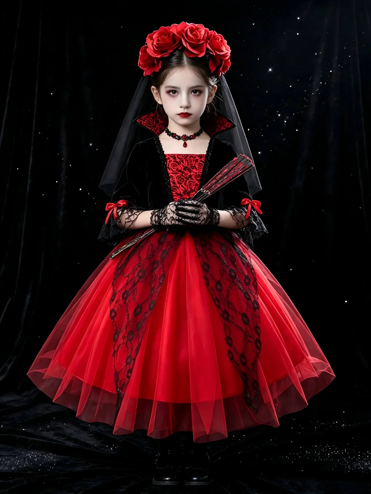 Girl in a red and black gothic vampire dress with lace veil and fan