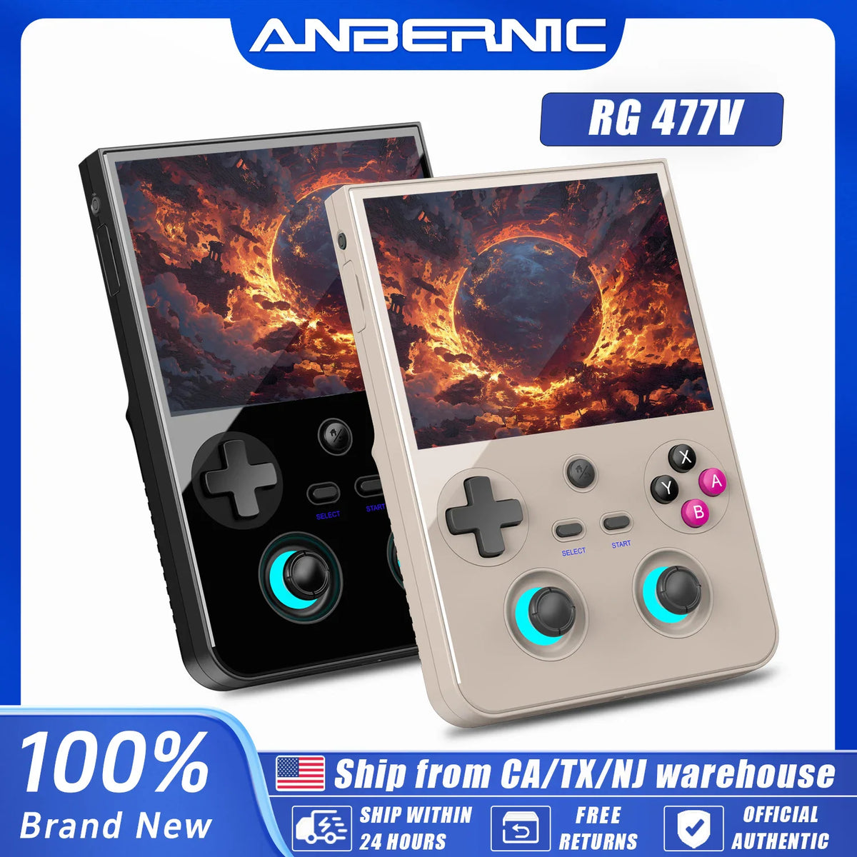 Two vertical retro handheld game consoles in black and beige with illuminated joysticks.