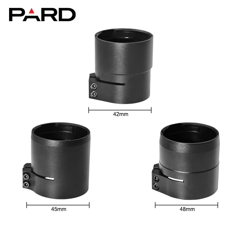 Set of three black aluminium scope adapters for night vision devices with size measurements