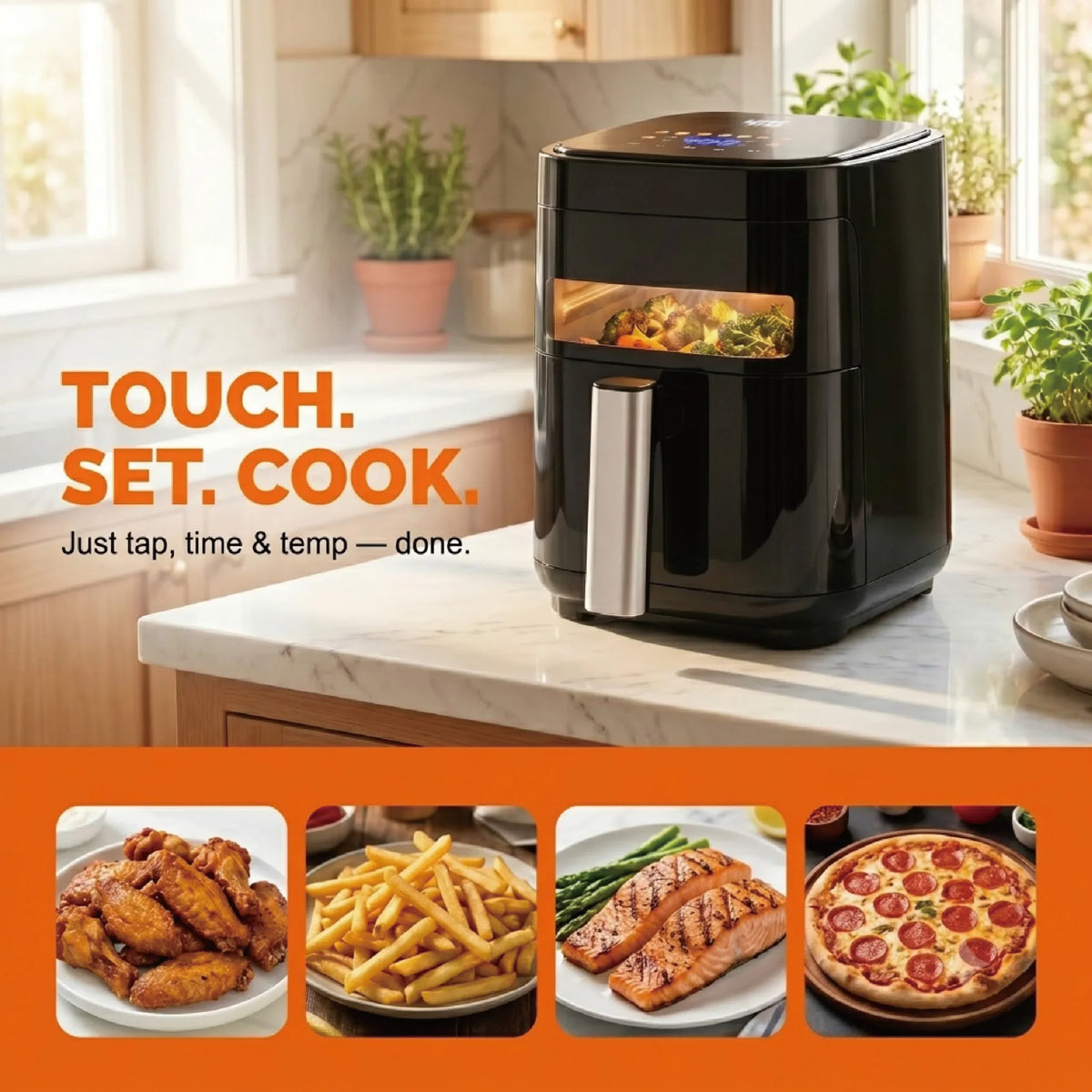 Black digital air fryer on a kitchen counter with food samples below