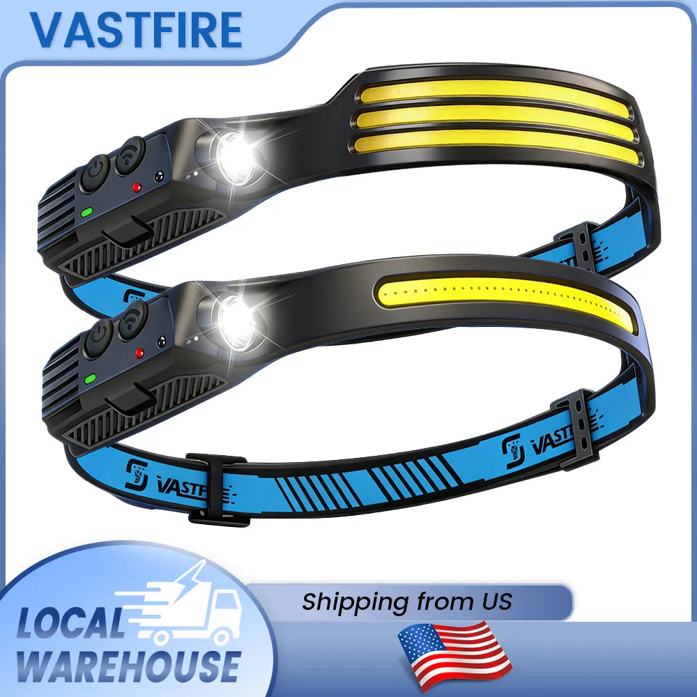 Rechargeable COB LED headlamp with dual strap design and motion sensor feature