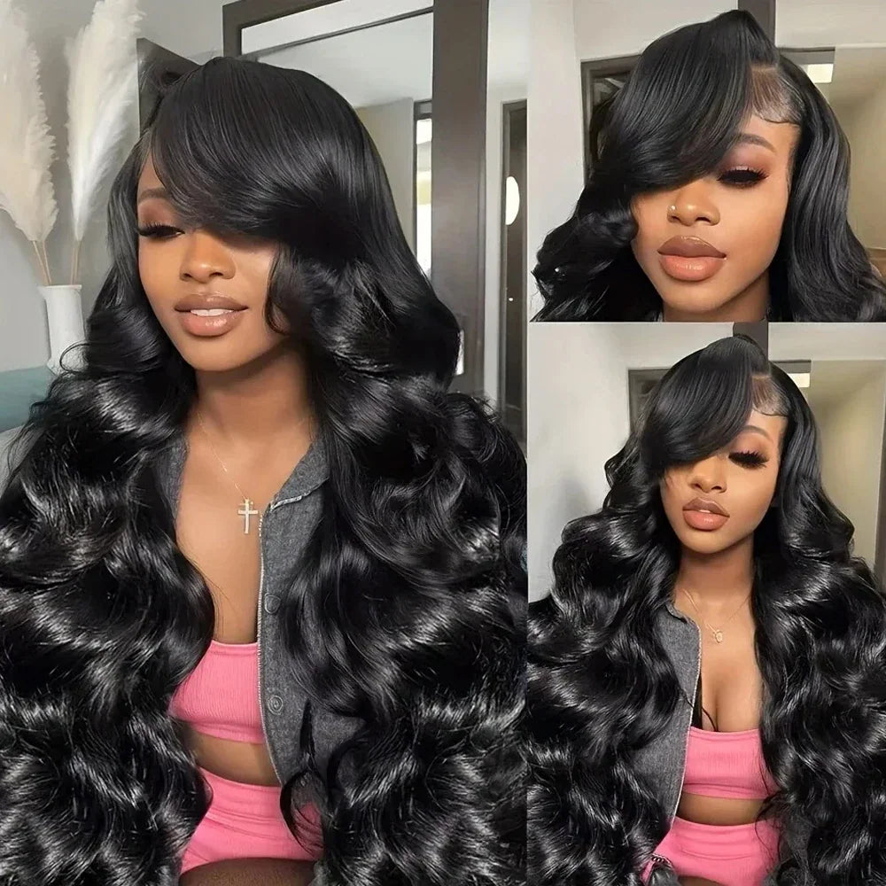 A collage featuring a model wearing a long black wavy wig with side bangs.