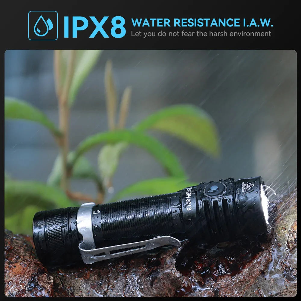 Waterproof EDC flashlight being splashed with water on a wooden surface