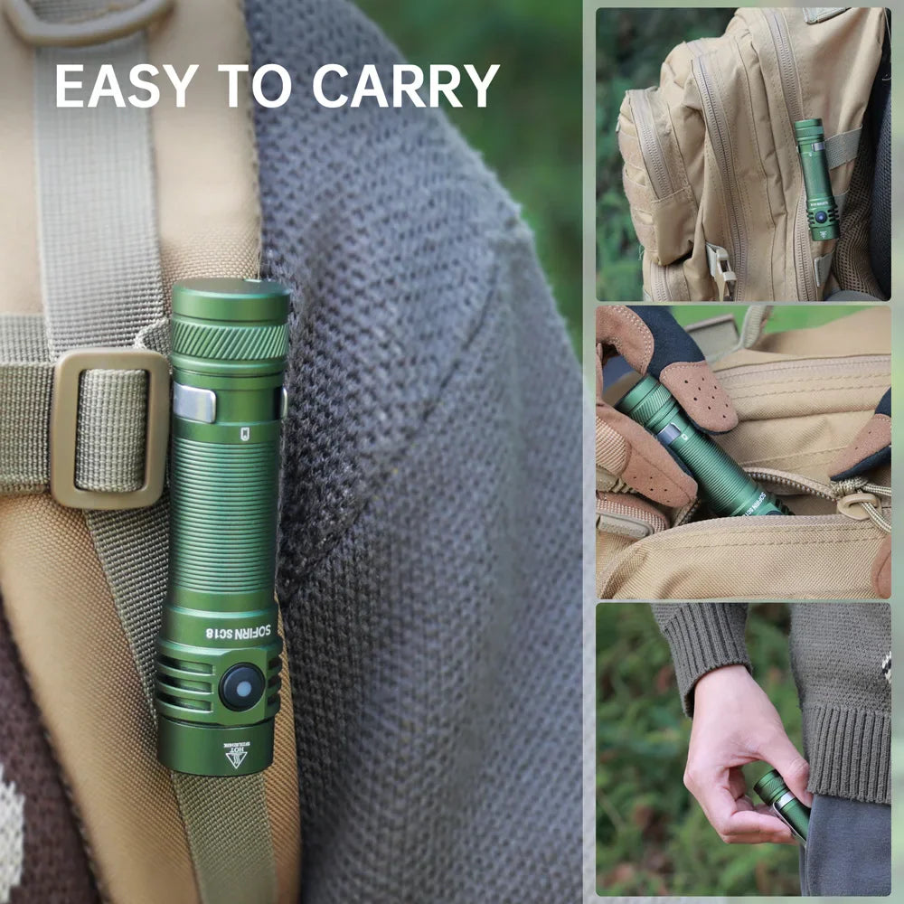 Compact green EDC flashlight attached to a backpack strap and carried in a pocket