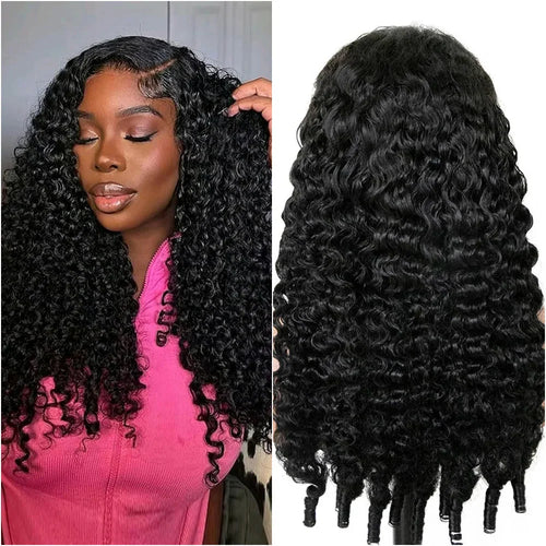 A woman wearing a long, black, curly human hair wig with a natural lace front