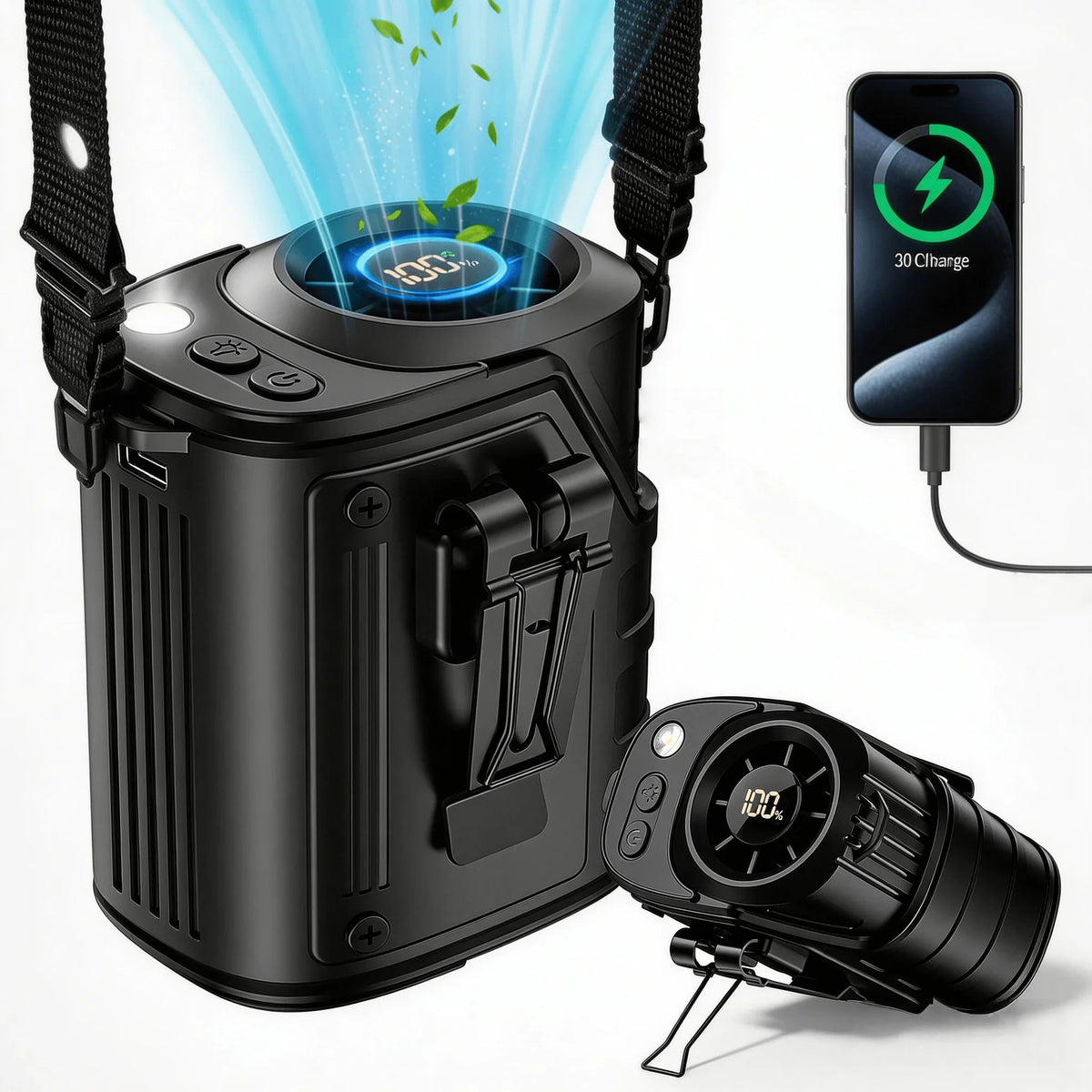 Black portable waist fan with digital display, USB charging cable and phone charging feature