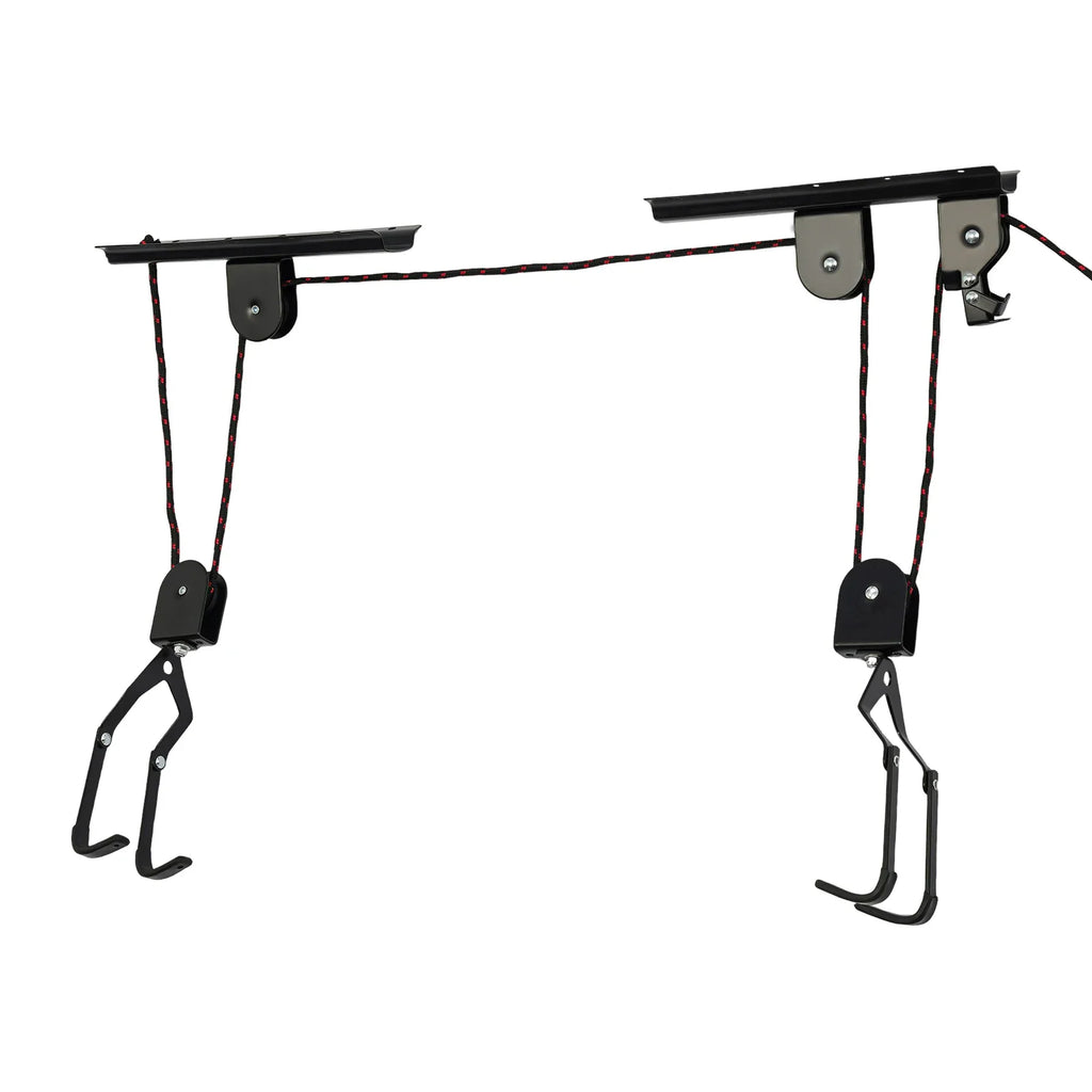 A black ceiling-mounted pulley system with hooks for lifting and storing bicycles.