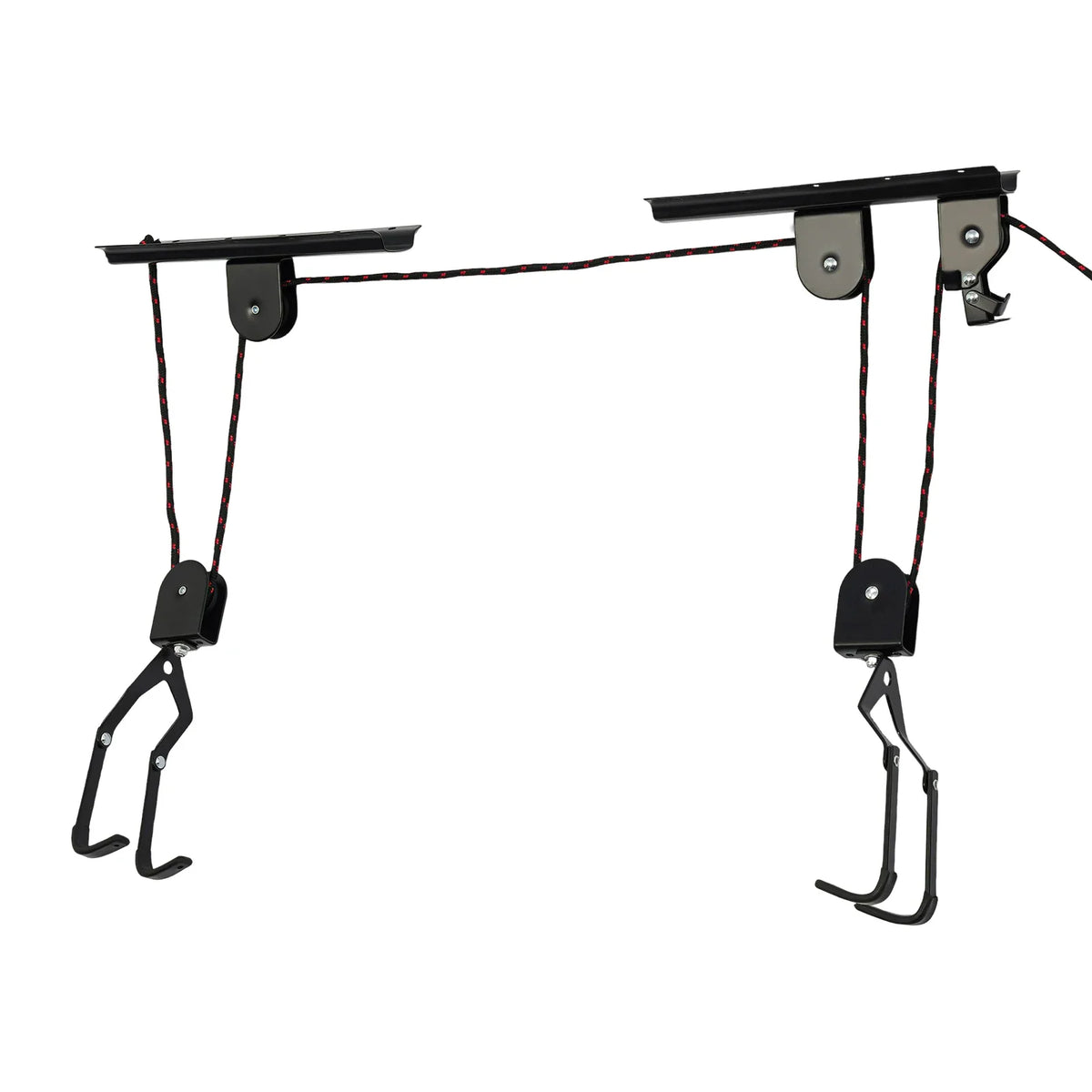 A black ceiling-mounted pulley system with hooks for lifting and storing bicycles.