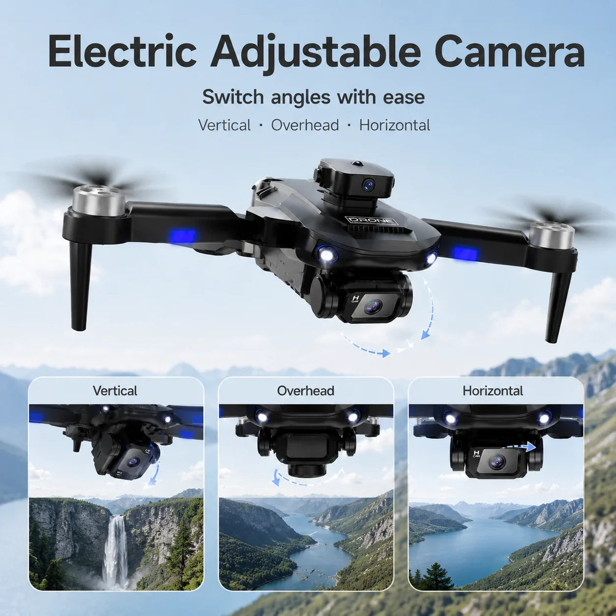 Black drone showing its electrically adjustable camera angles for different landscape views