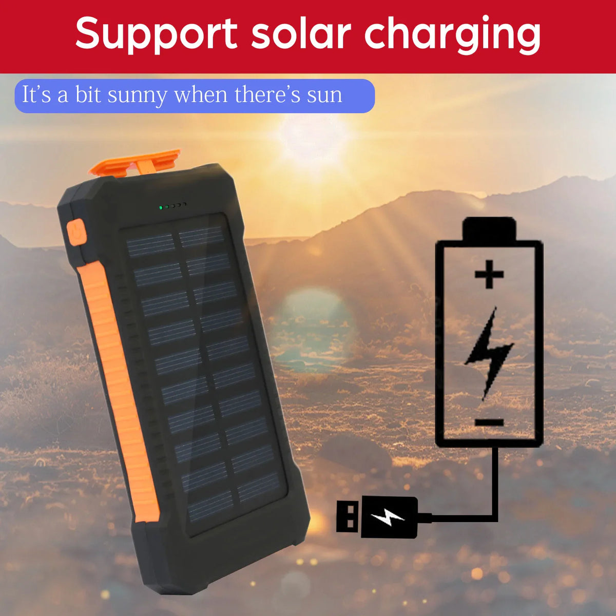 Solar power bank charging outdoors with solar panel and battery icons
