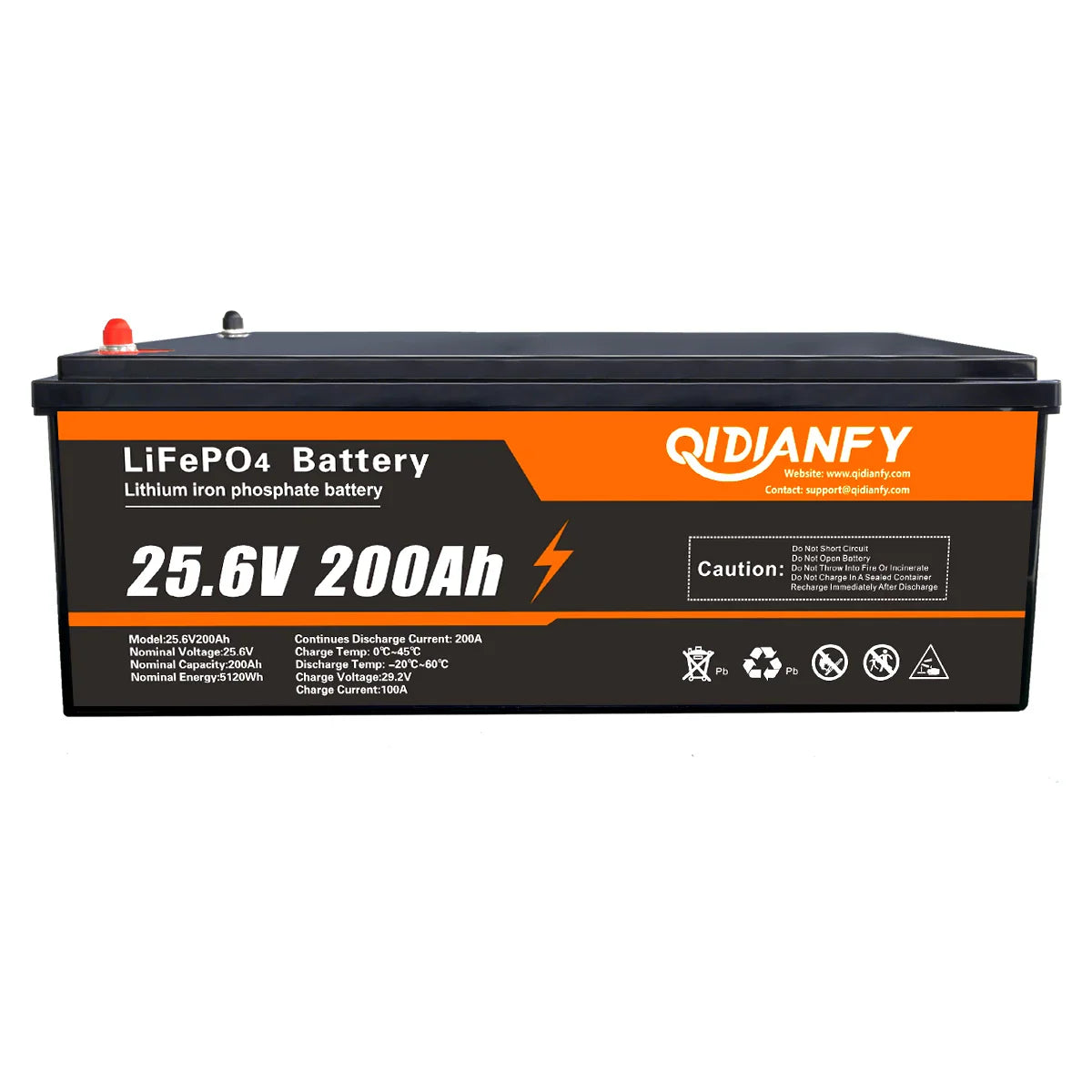 25.6V 200Ah LiFePO4 battery pack with black and orange casing