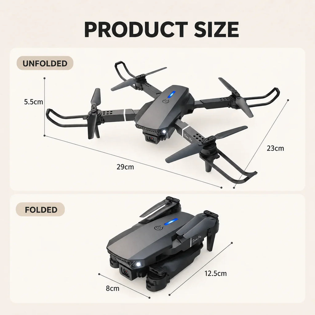 Size specification diagram showing the dimensions of the drone in both folded and unfolded states.