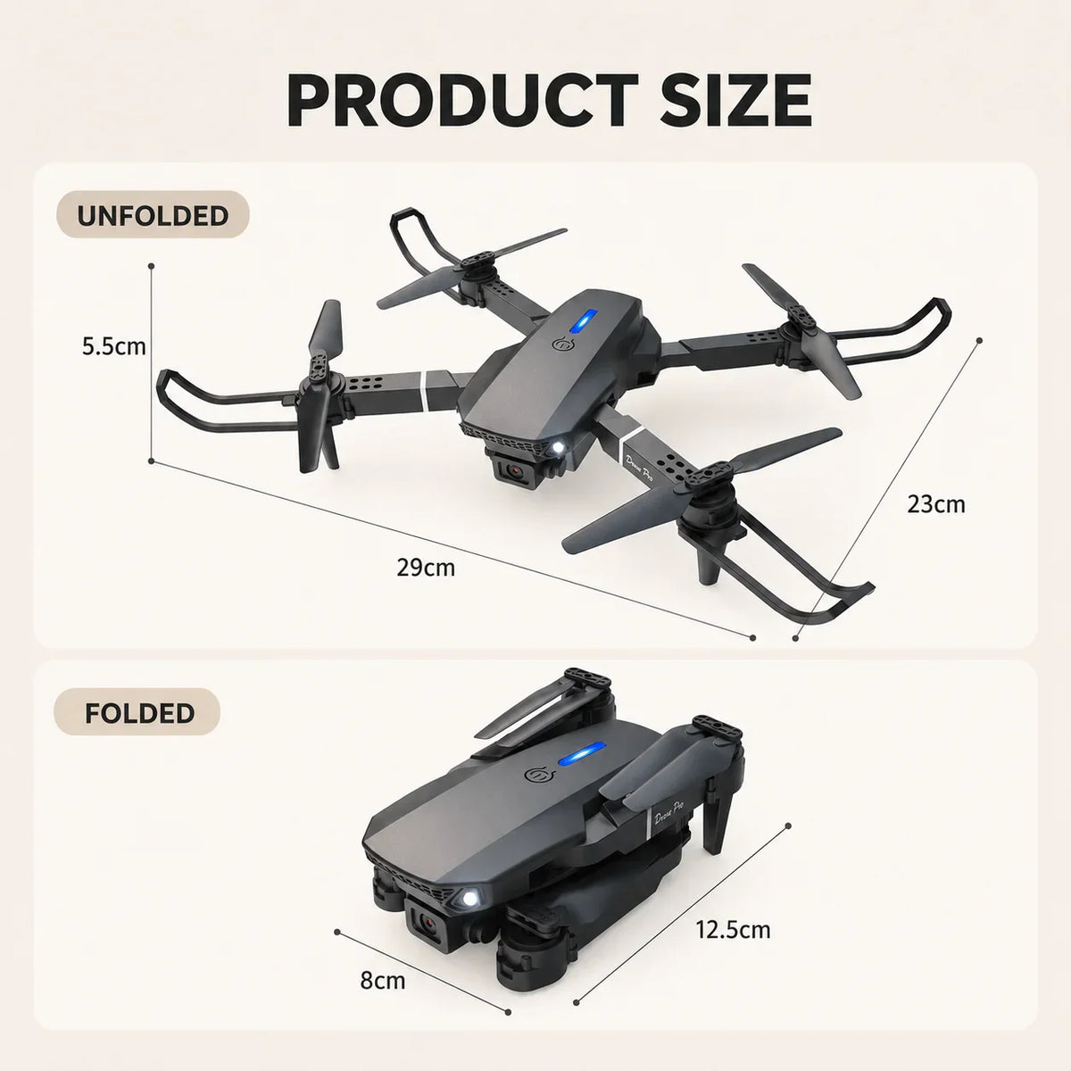 Size specification diagram showing the dimensions of the drone in both folded and unfolded states.