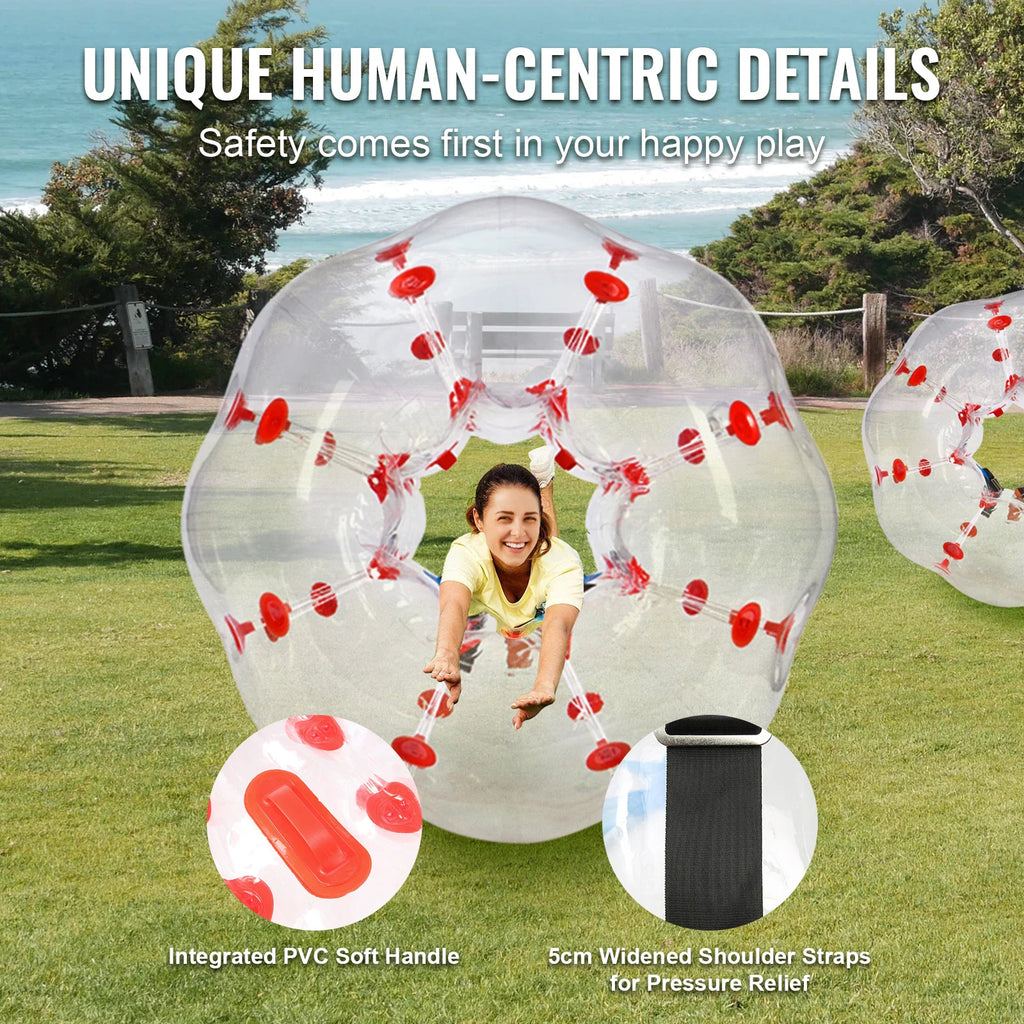Person inside an inflatable bumper ball showing handle and shoulder straps