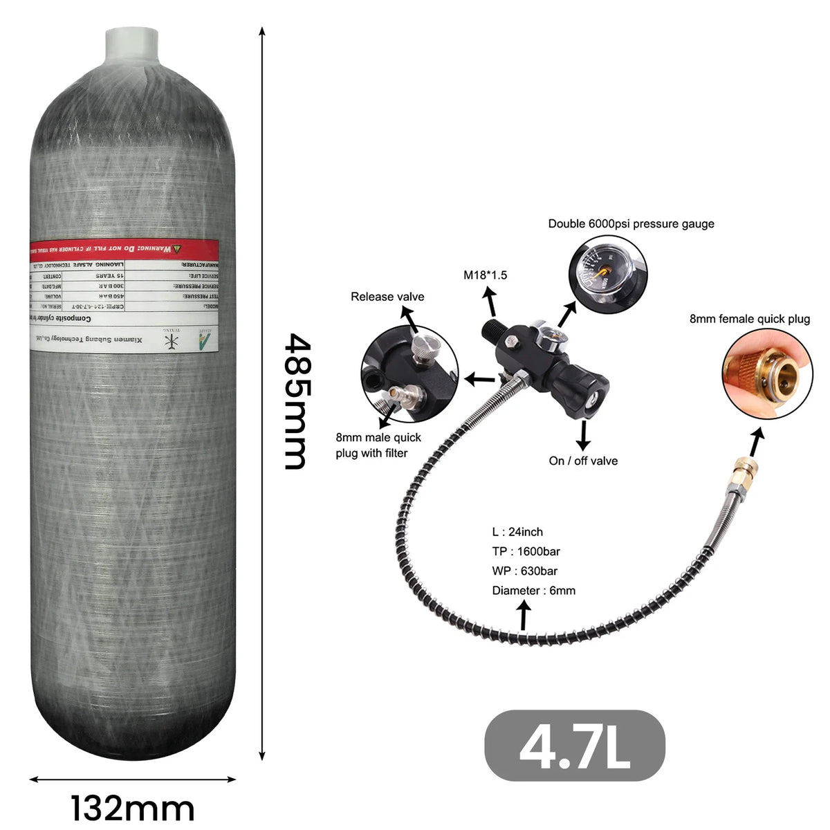 Carbon fiber air cylinder with dimension markings and technical specifications