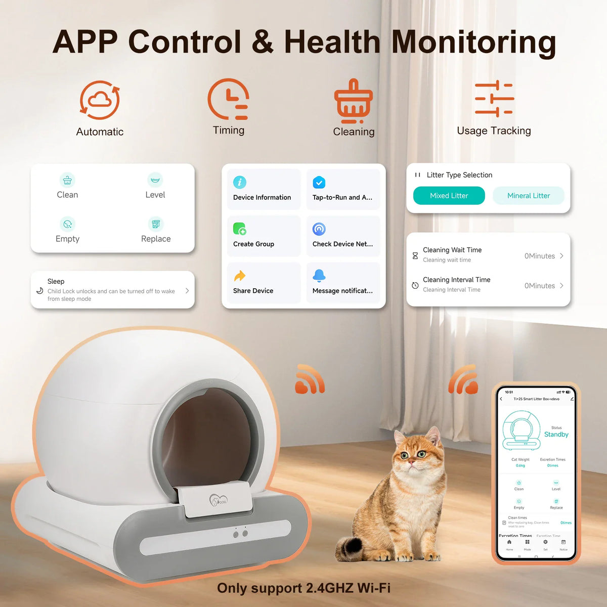 Smart cat litter box features including app control, health monitoring and settings interface