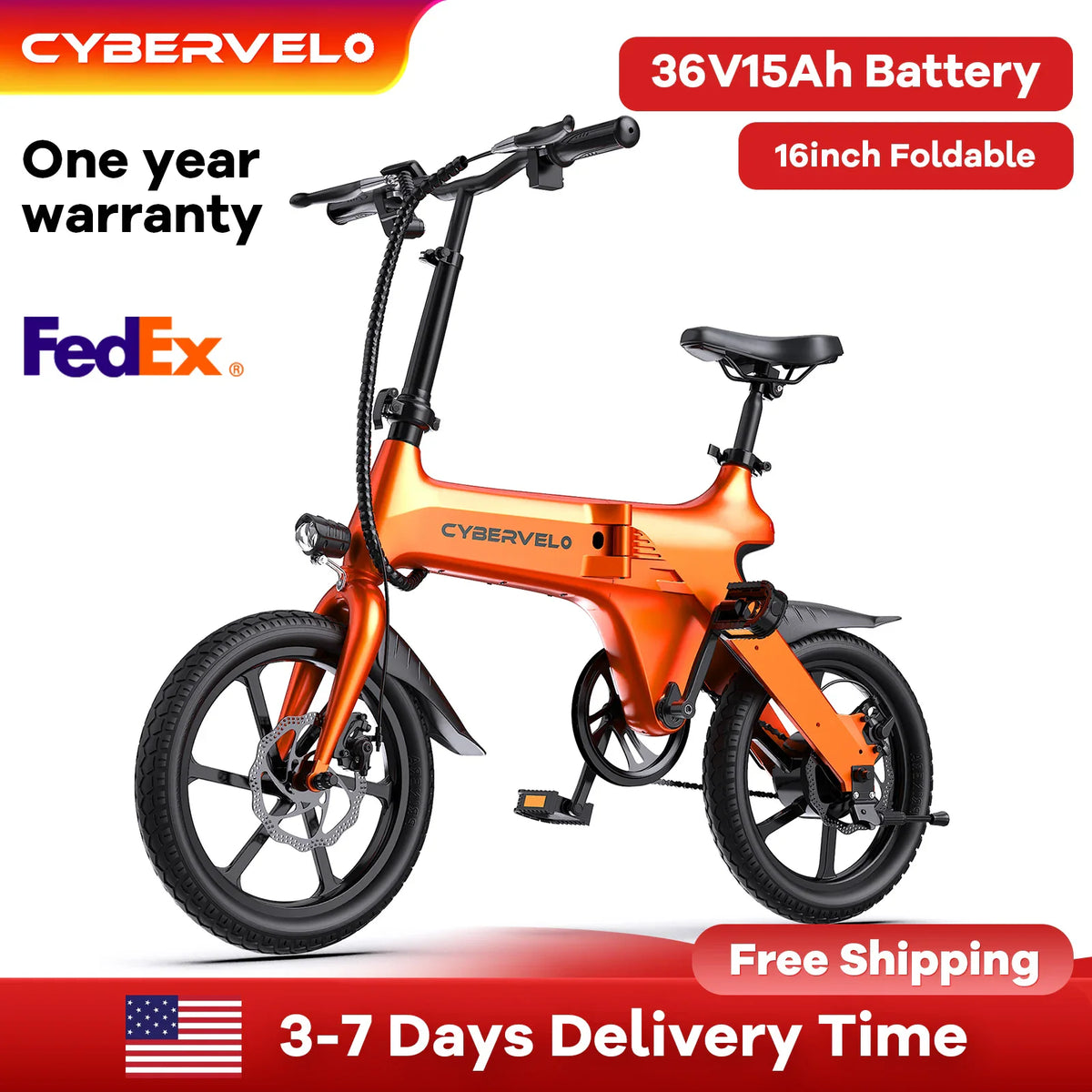 Orange foldable electric commuter bike on a white background