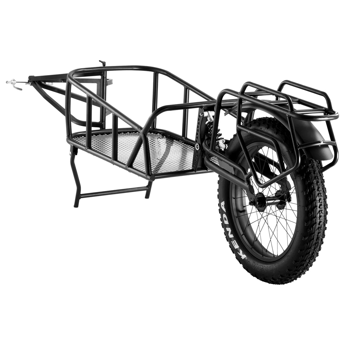 Black metal single-wheel cargo bicycle trailer with mesh bed