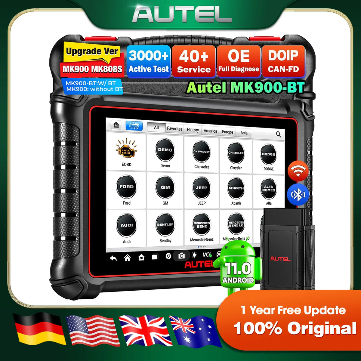 Automotive diagnostic tablet with wireless connector and feature highlights