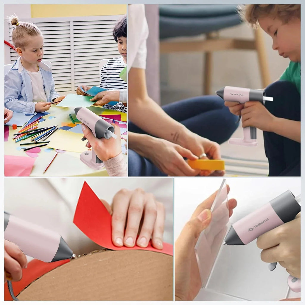 A collection of photos showing children and adults using a cordless glue gun for DIY crafts